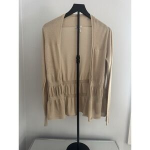 Cache Cardigan Womens L Beige Metallic Ruffle Hem Open Front Knit Sweater
